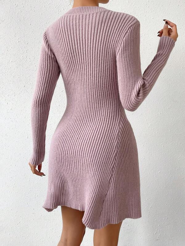 6574 1t-005 Vestido de punto tejido de canalé sin cinturón