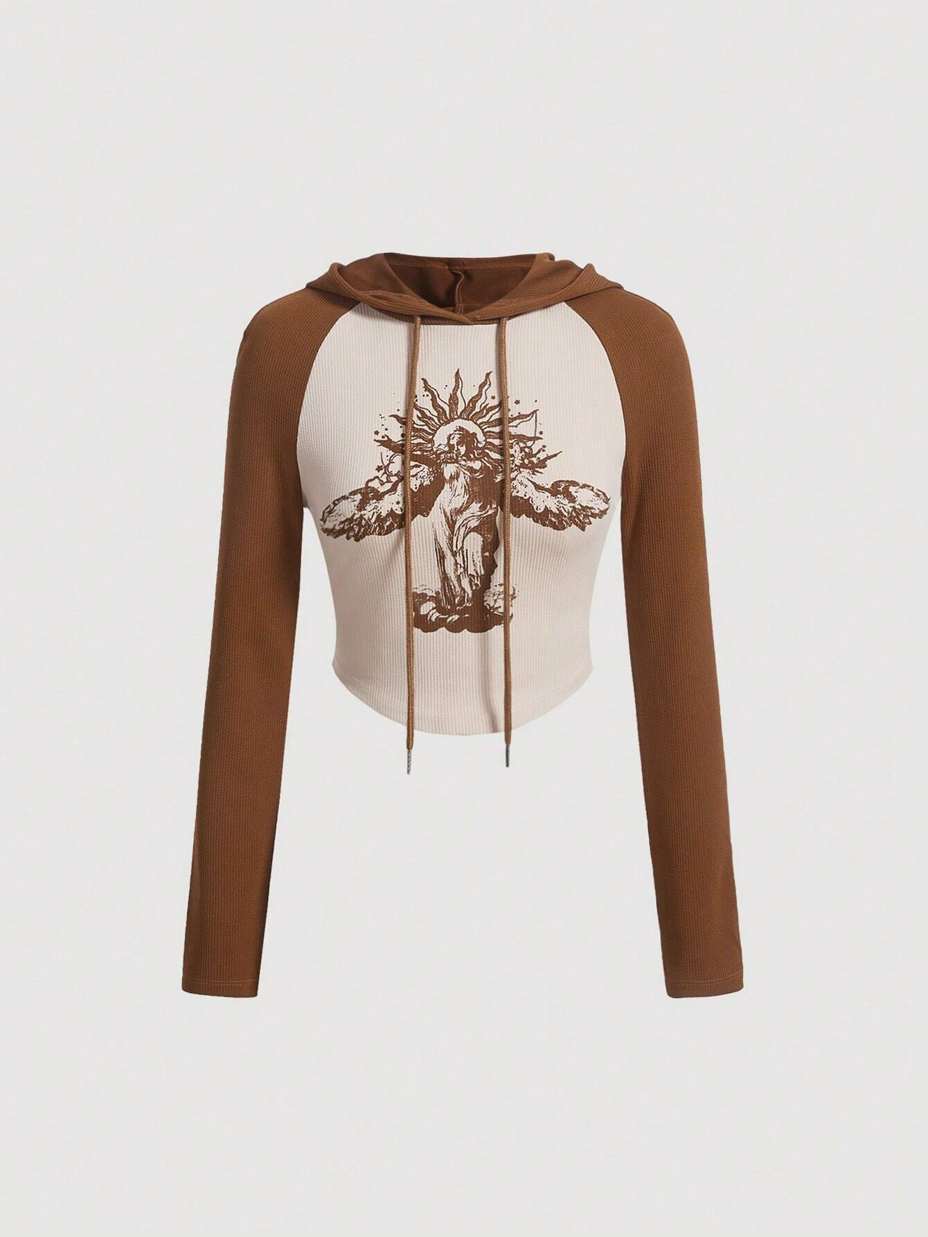 6975 a06-06 Capucha con estampado de dibujo de manga raglán con cordón
