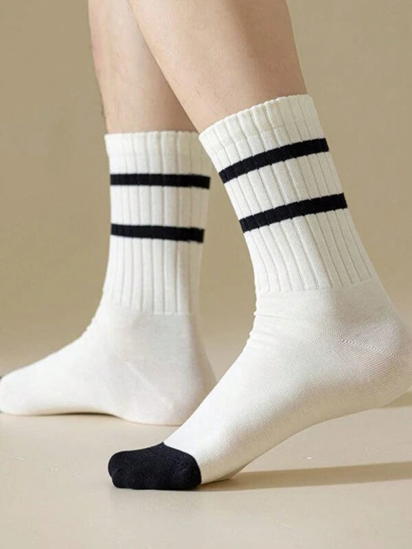 7326 a08-05 Set 5 Pares De Calcetines A Media Pantorrilla Simples De Dos Rayas Vintage Para Hombre Adecuados Para Uso Diario