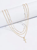 5878 a10-09 Set 2 piezas/Collar colgante Cruz perla de imitación para mujeres - perfecto para fechas