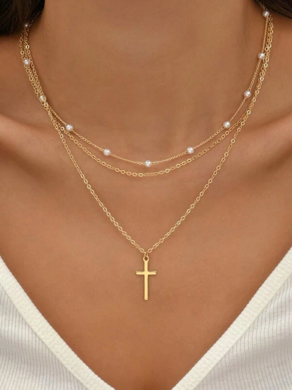 5878 a10-09 Set 2 piezas/Collar colgante Cruz perla de imitación para mujeres - perfecto para fechas