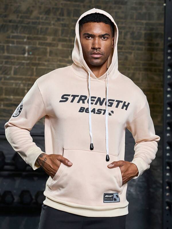 7985 1t-006 Capucha con estampado de letra con diseño de parche con bolsillo de canguro con cordón