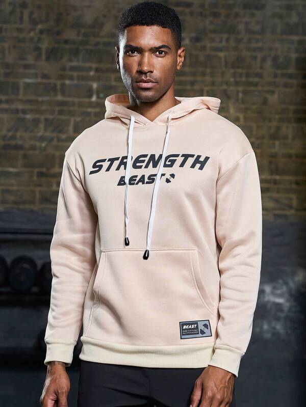 7985 1t-006 Capucha con estampado de letra con diseño de parche con bolsillo de canguro con cordón