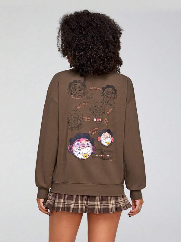 6060 a01-08 GAWX Sudadera con estampado de slogan y dibujos animados de hombros caídos sin camisa