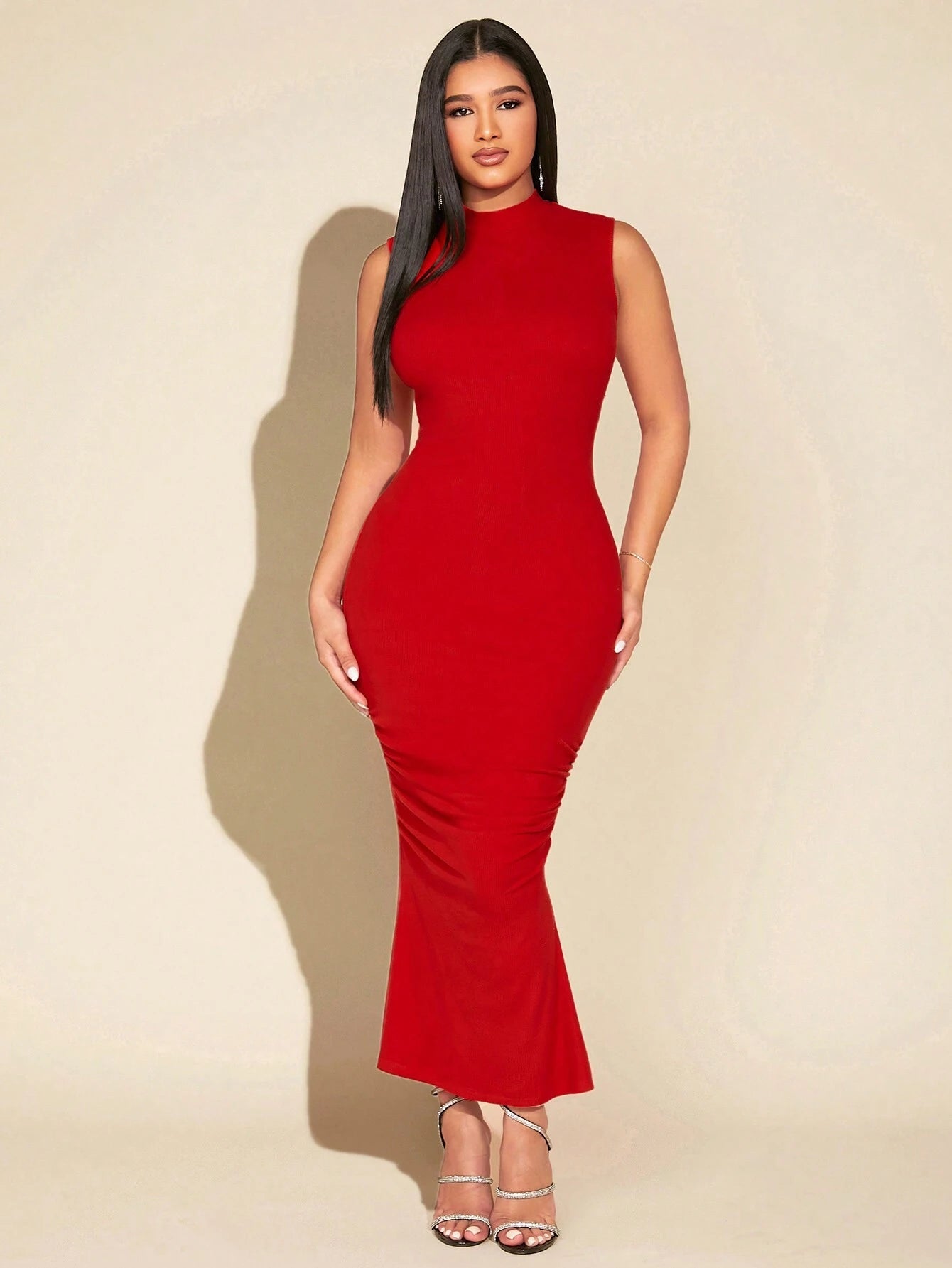 7384 1t-005 Vestido De Mujer Sin Mangas Con Dobladillo De Cola De Pez Con Acabado Cepillado Que Genera Calor Térmico