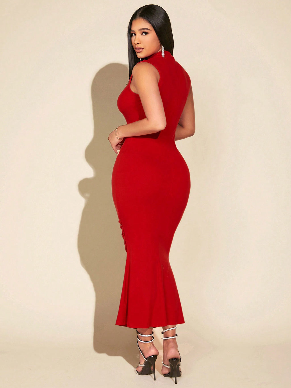 7384 1t-005 Vestido De Mujer Sin Mangas Con Dobladillo De Cola De Pez Con Acabado Cepillado Que Genera Calor Térmico