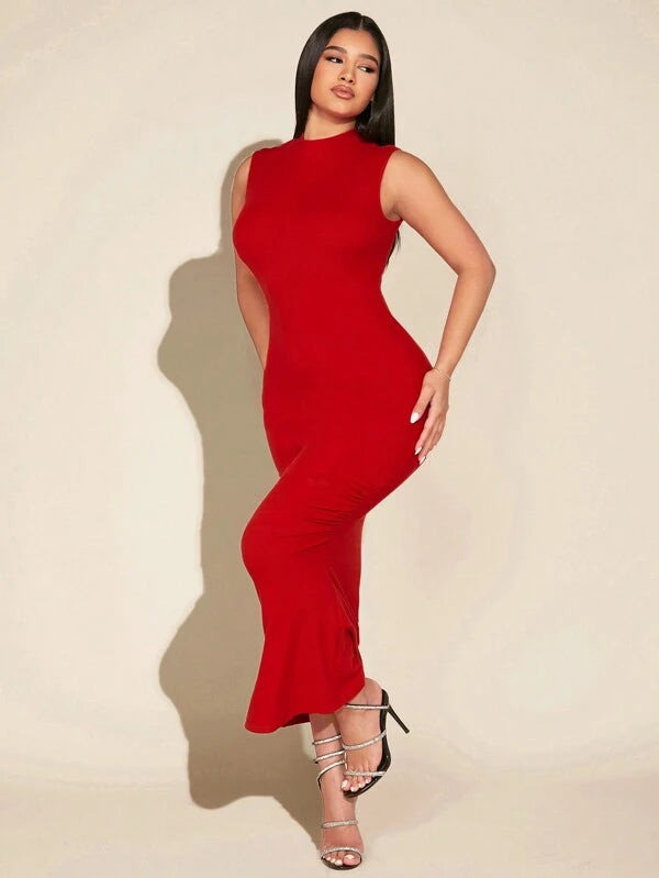 7384 1t-005 Vestido De Mujer Sin Mangas Con Dobladillo De Cola De Pez Con Acabado Cepillado Que Genera Calor Térmico