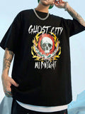 7797 a08-07 Camiseta con estampado de calavera y letra de hombros caídos
