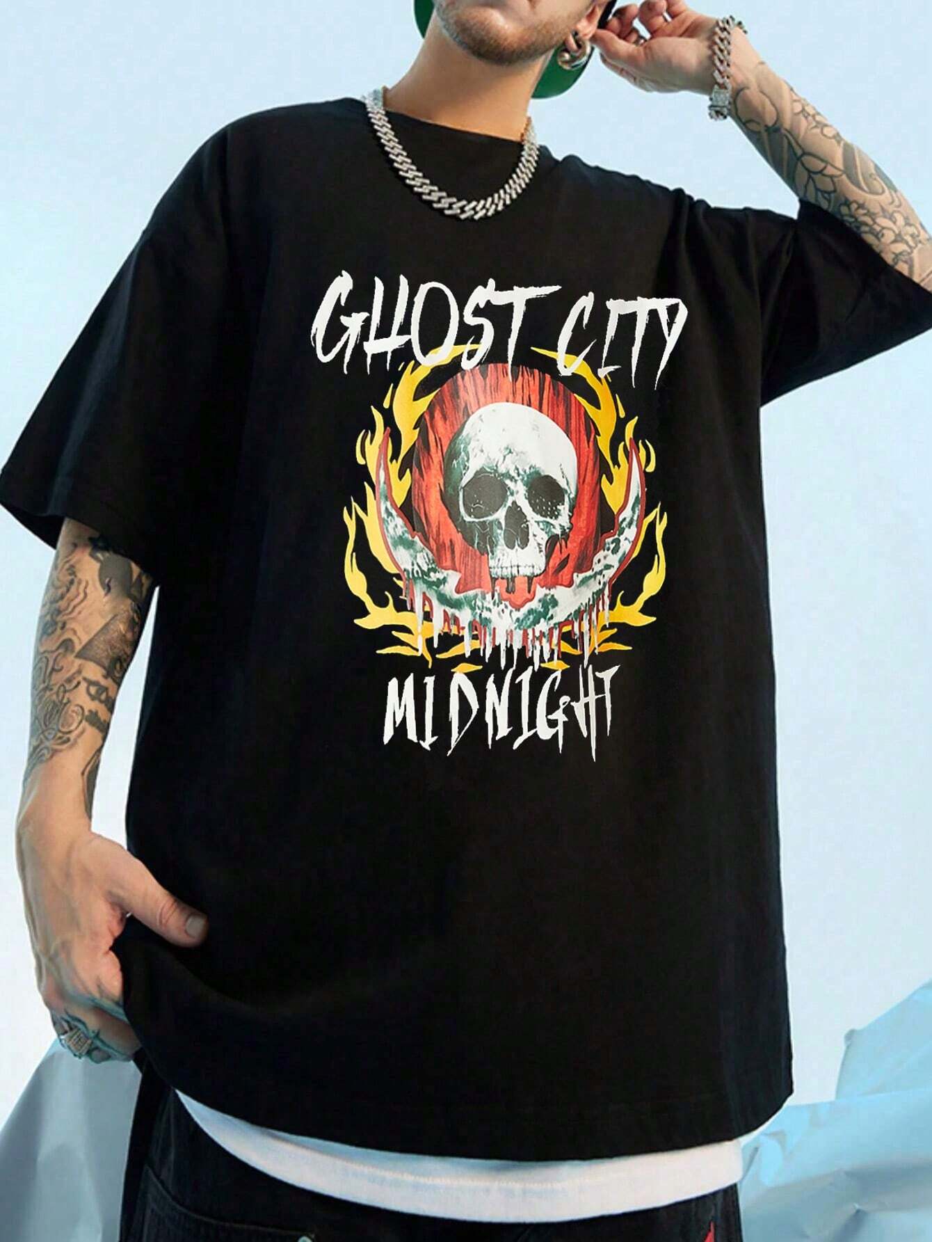 7797 a08-07 Camiseta con estampado de calavera y letra de hombros caídos