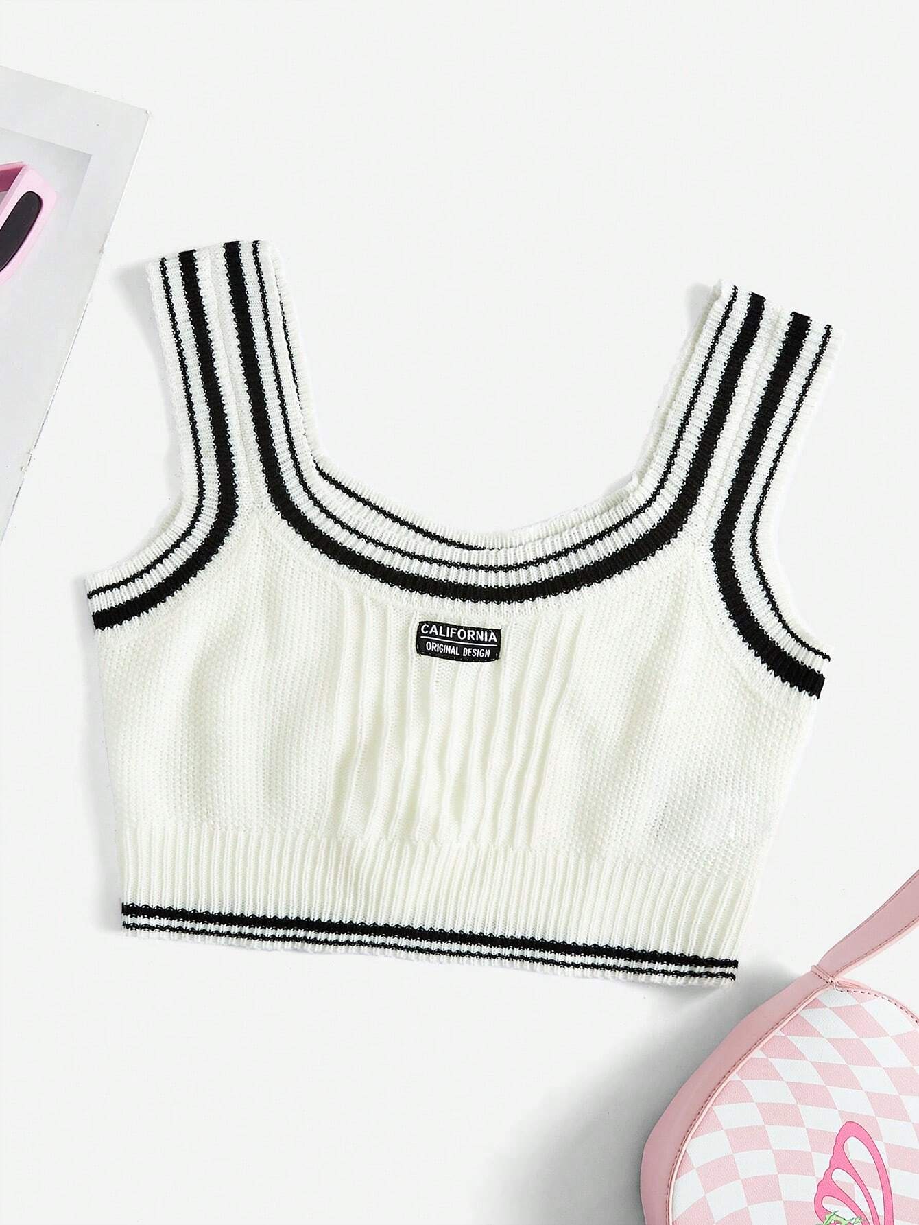6569 1t-007 Top de punto con ribete de rayas y parche de letras sin blusa