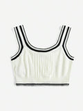 6569 1t-007 Top de punto con ribete de rayas y parche de letras sin blusa
