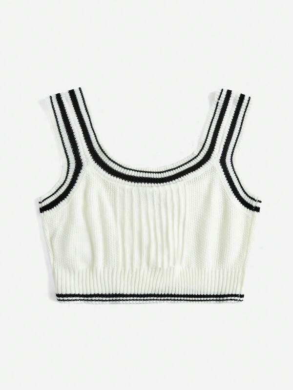 6569 1t-007 Top de punto con ribete de rayas y parche de letras sin blusa