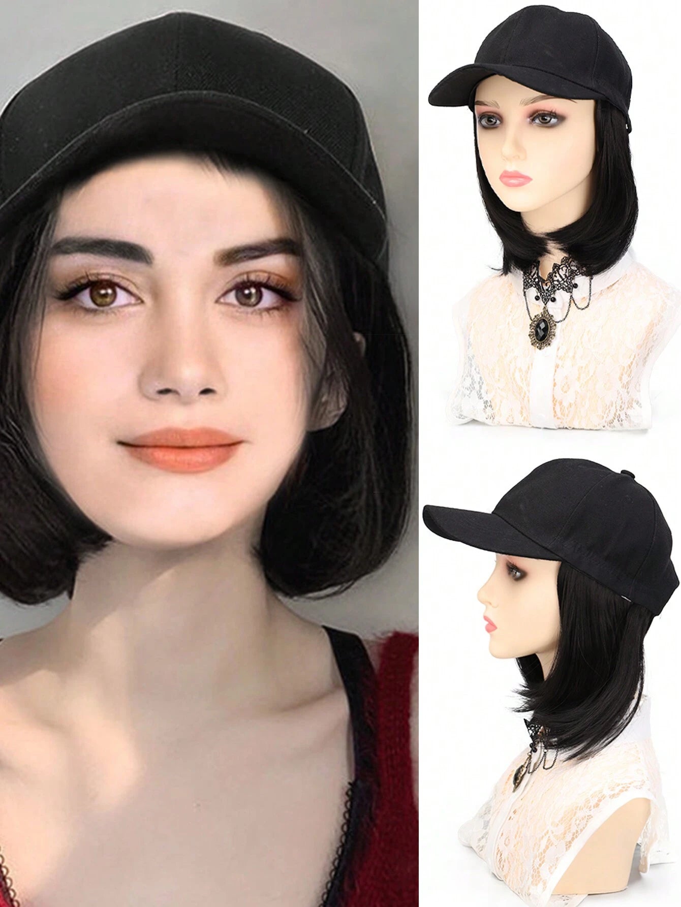 6294 1c-02-06 Pelucas Sintéticas De Béisbol Recta Corta En Estilo Bob Natural Negro Con Gorra De Peluca Con Cabello Integrado Y Ajustable