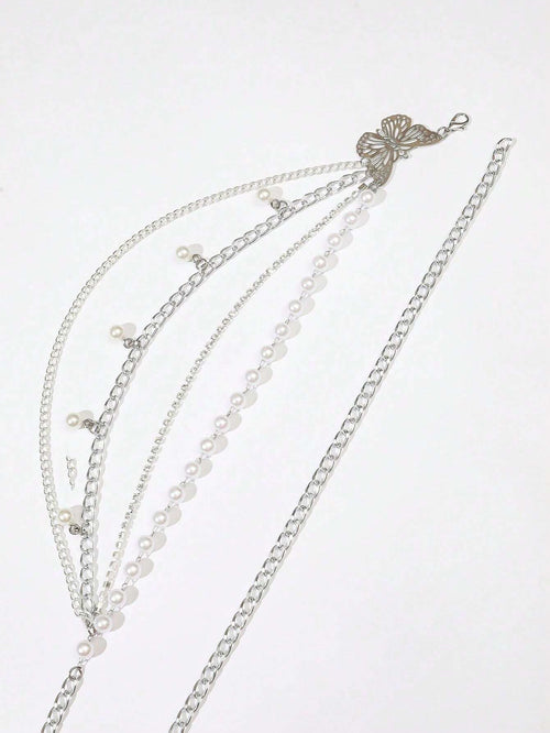 11550 1b-070 Cinturón De Cadena De Moda Y2k Y Trendy 1 Pieza De Decoración De Perlas Falsas Y Mariposas
