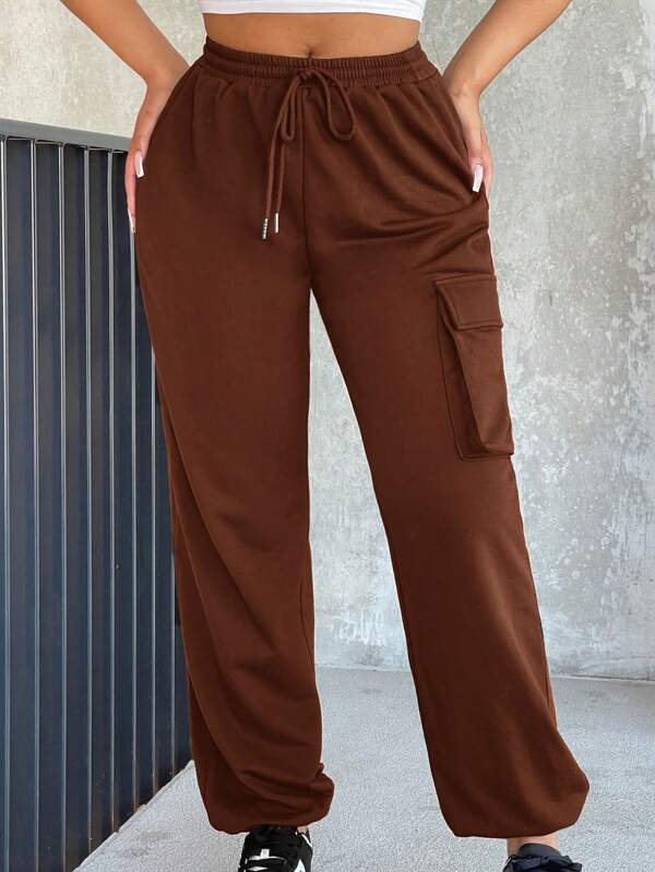 7085 1t-007 Pantalones deportivos cargo unicolor con bolsillo lateral con solapa de cintura con cordón