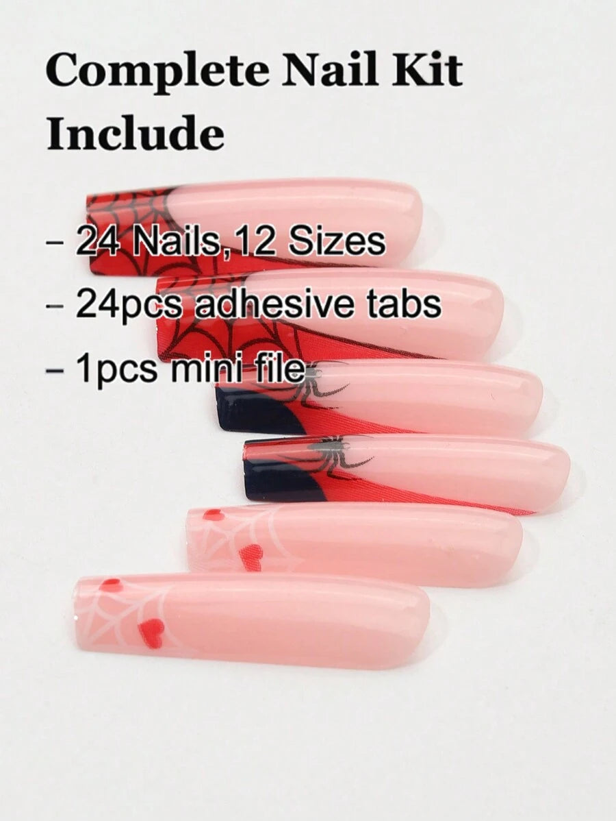 10976 b03-22 24 piezas de uñas prensadas en forma de ataúd con diseño de telaraña roja y decoración de corazón