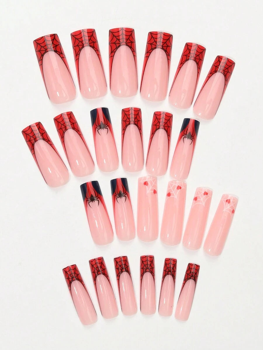 10976 b03-22 24 piezas de uñas prensadas en forma de ataúd con diseño de telaraña roja y decoración de corazón