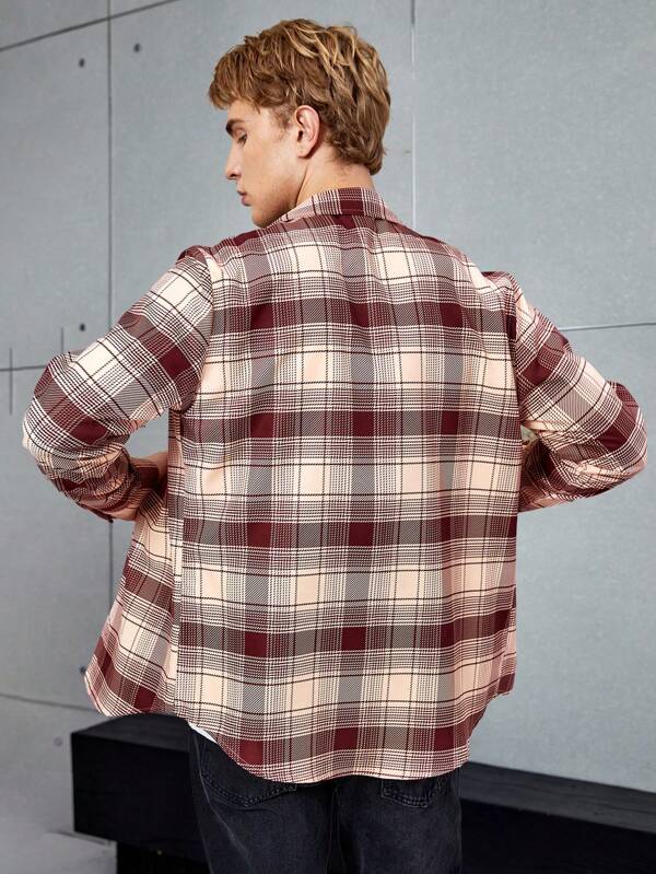 7122 1t-006 Camisa con estampado de cuadros con bolsillo con solapa