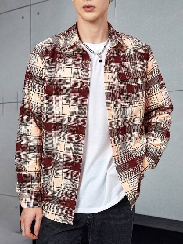 7122 1t-006 Camisa con estampado de cuadros con bolsillo con solapa