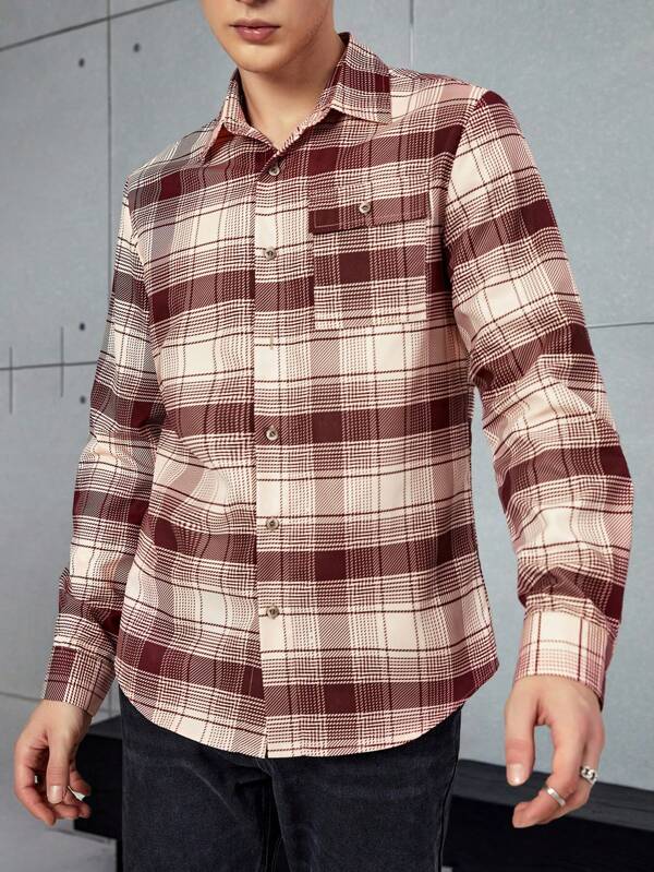 7122 1t-006 Camisa con estampado de cuadros con bolsillo con solapa