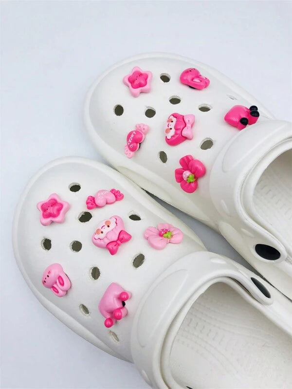 6997 b01-04 Set 12 Piezas Conjunto De Decoración Para Zapatos Lindos En Forma De Corazón Rosa Con Conejo De Dibujos Animados Hecho De Resina