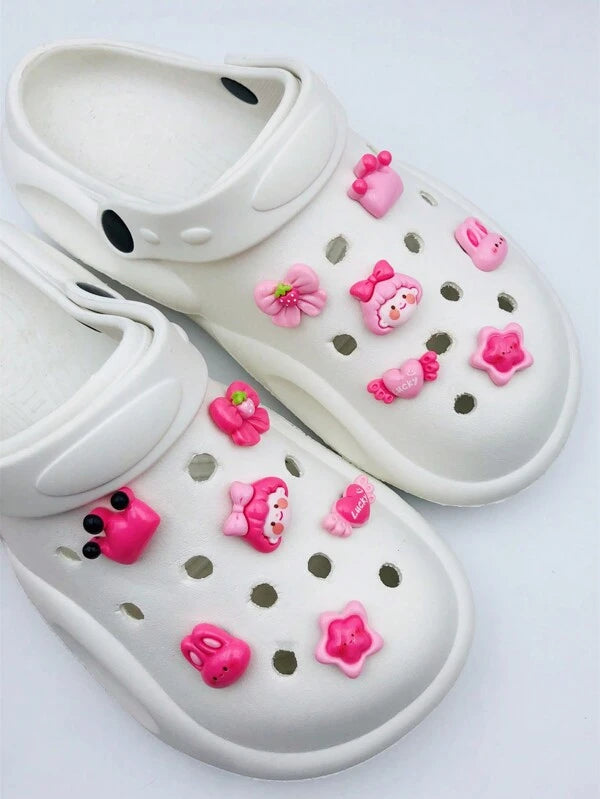 6997 b01-04 Set 12 Piezas Conjunto De Decoración Para Zapatos Lindos En Forma De Corazón Rosa Con Conejo De Dibujos Animados Hecho De Resina