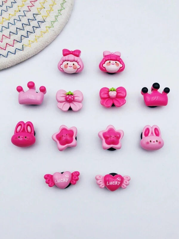 6997 b01-04 Set 12 Piezas Conjunto De Decoración Para Zapatos Lindos En Forma De Corazón Rosa Con Conejo De Dibujos Animados Hecho De Resina