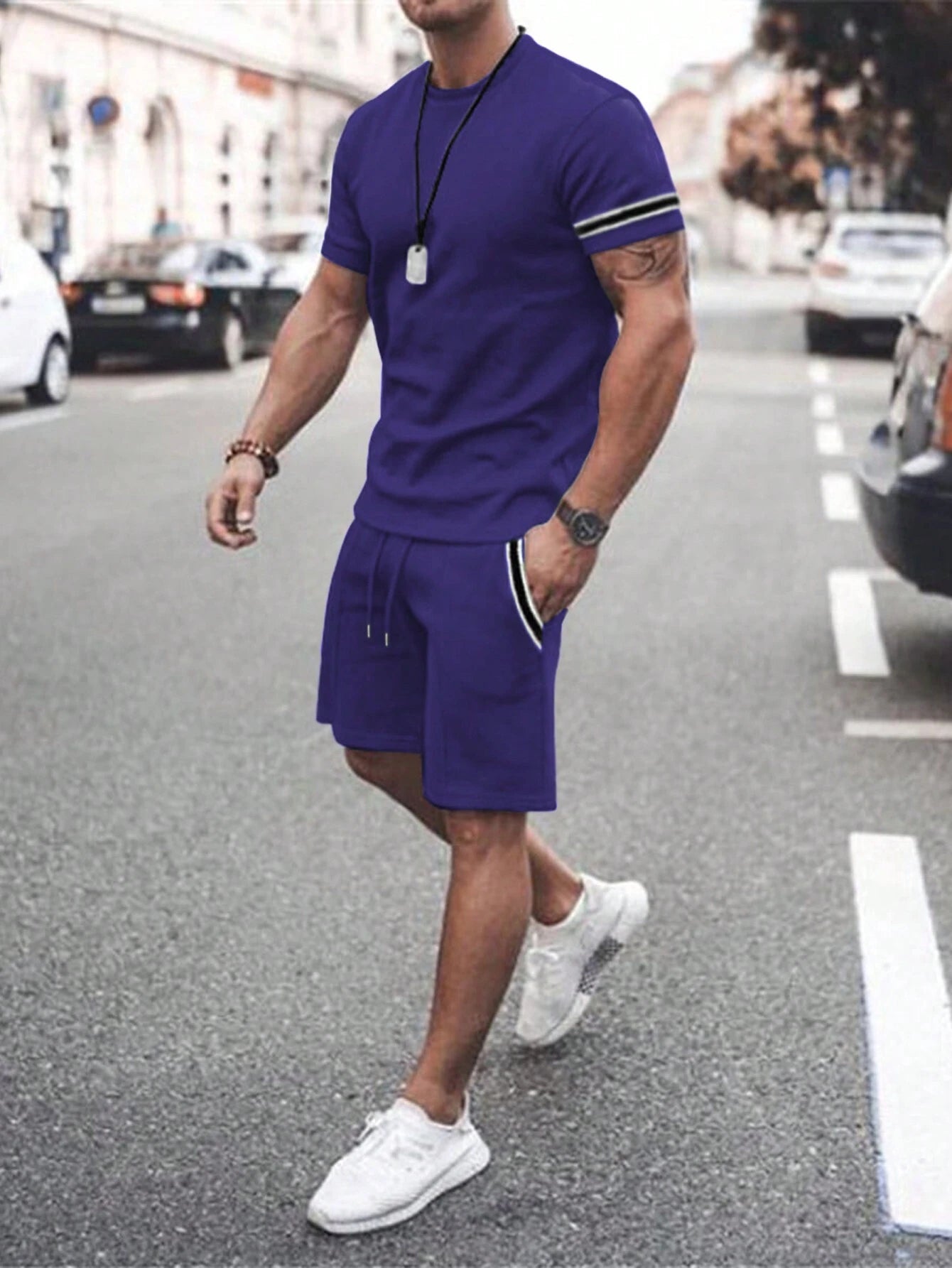 7030 a05-06 Camiseta ribete de rayas & Shorts de cintura con cordón