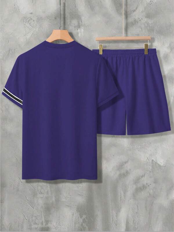 7030 a05-06 Camiseta ribete de rayas & Shorts de cintura con cordón