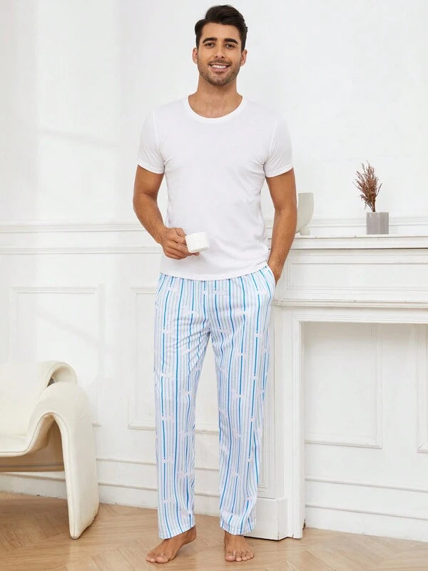 6714 1t-006 Hombres Pantalones de dormir con estampado de rayas