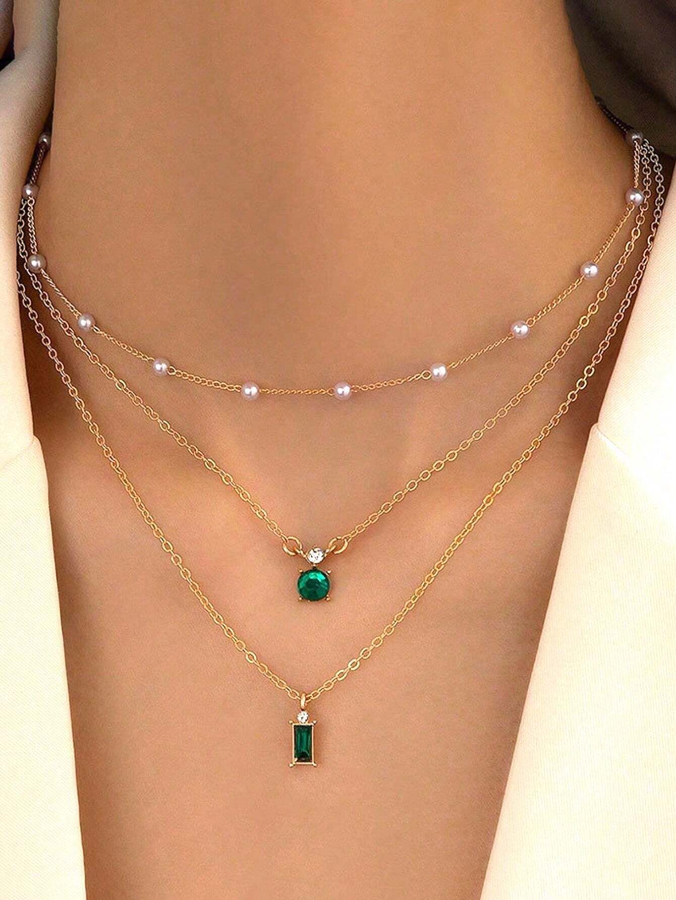 6049 a09-06 Dos Piezas/set Collar Simple Y Vintage De Varias Capas Con Detalles De Diamantes De Imitación Y Perlas
