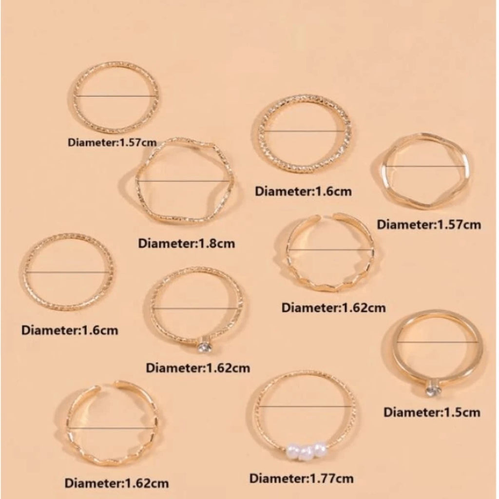 10606 1b-074 Diez Piezas Anillos De Diseño Geométrico De Tono Dorado