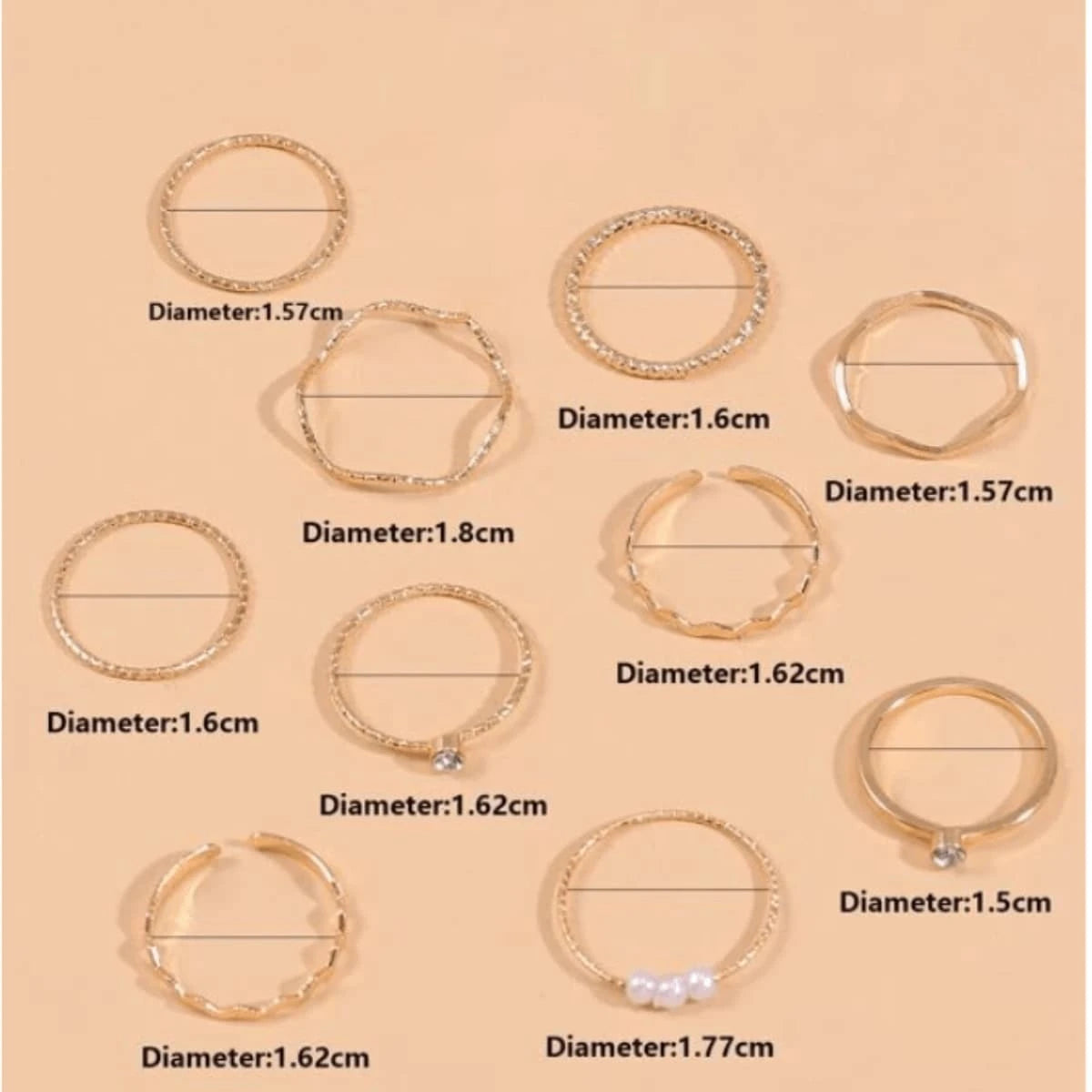 10606 1b-074 Diez Piezas Anillos De Diseño Geométrico De Tono Dorado