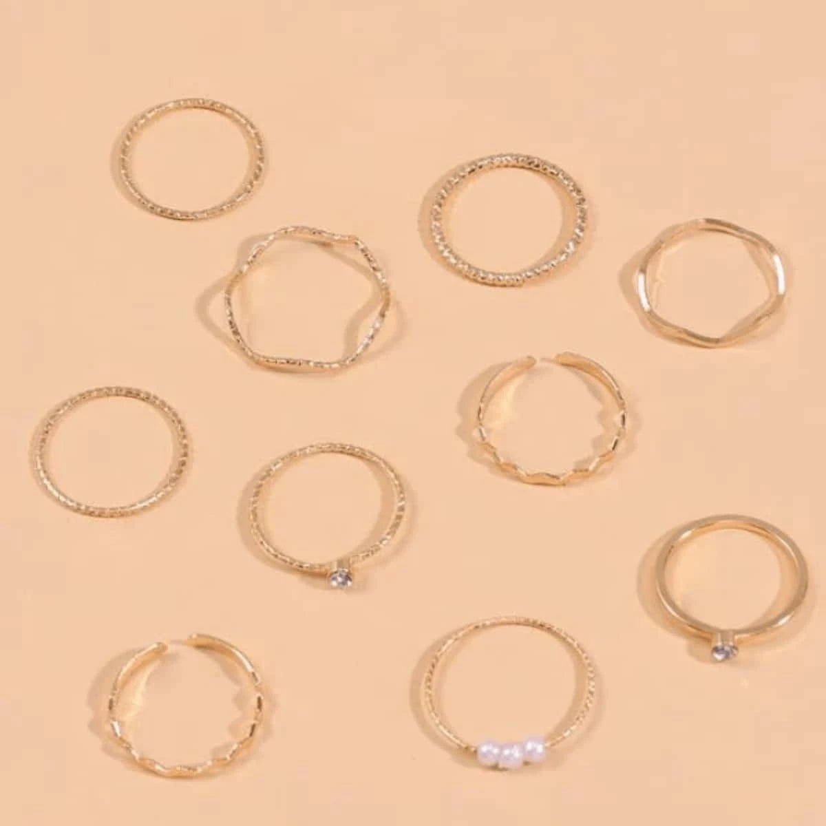 10606 1b-074 Diez Piezas Anillos De Diseño Geométrico De Tono Dorado