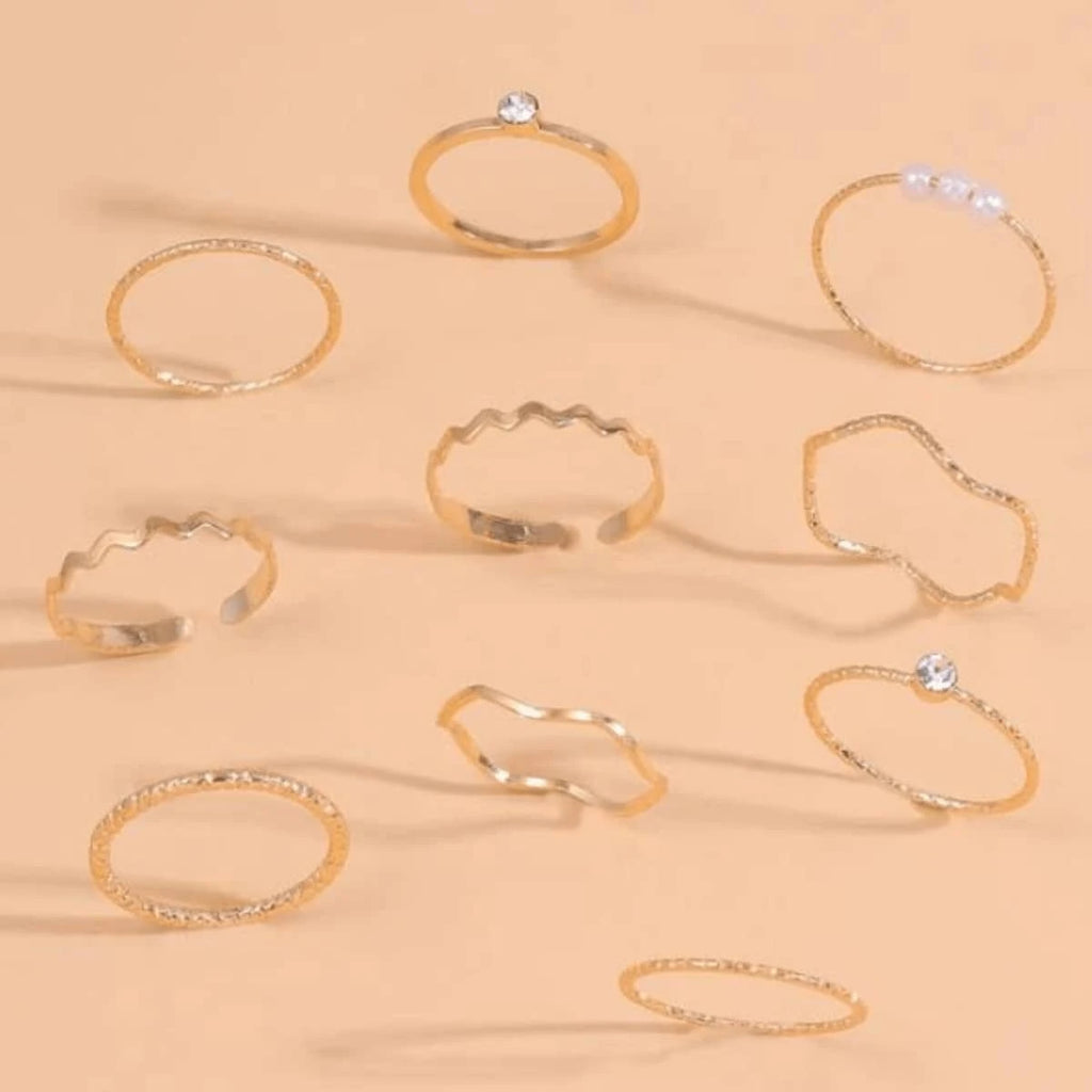 10606 1b-074 Diez Piezas Anillos De Diseño Geométrico De Tono Dorado