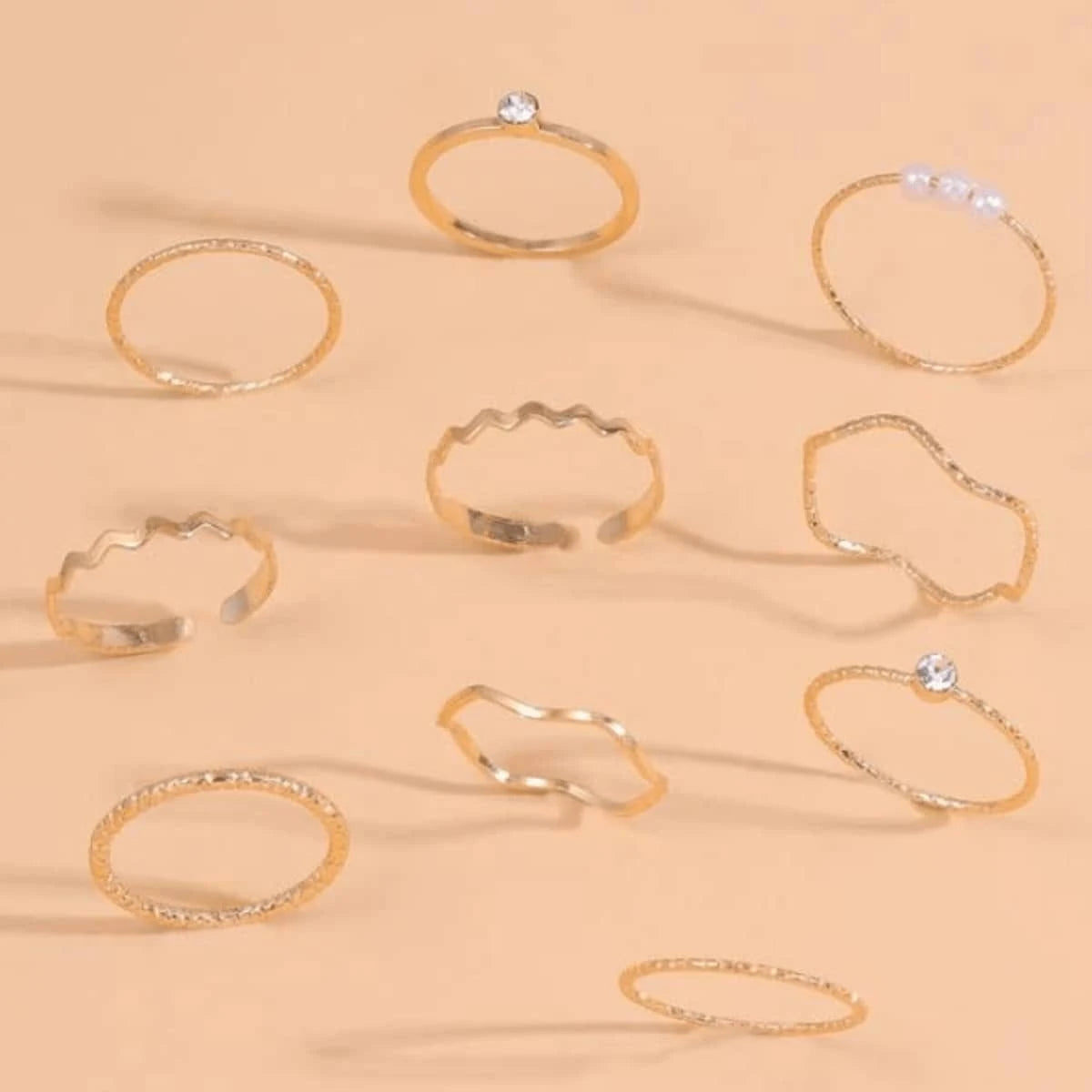 10606 1b-074 Diez Piezas Anillos De Diseño Geométrico De Tono Dorado
