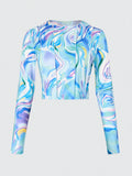6700 1t-011 Camiseta deportiva crop con estampado de mármol
