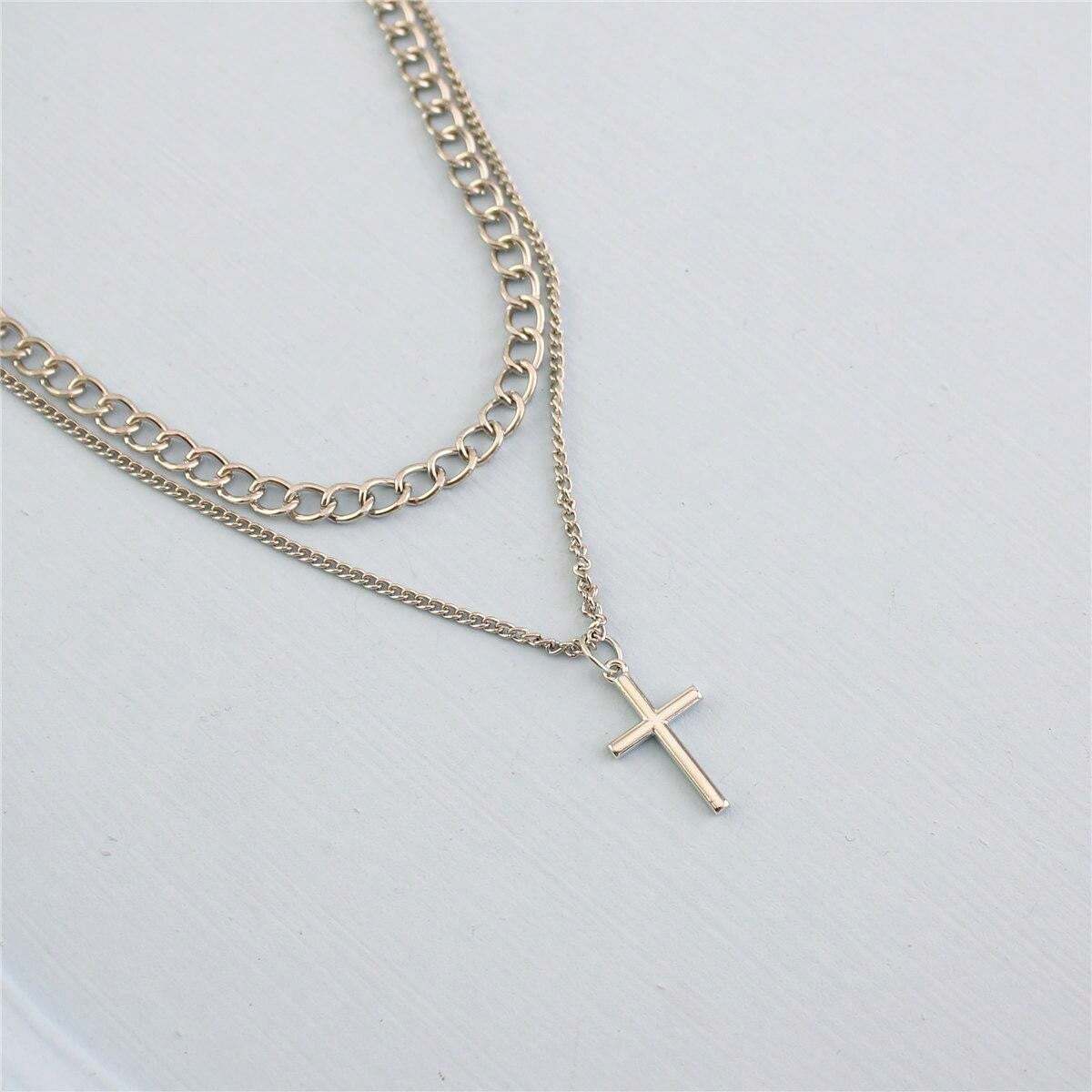 5888 a09-09 Collar De Doble Capa Con Colgante De Cruz Con Estilo Simple De Tono Frío