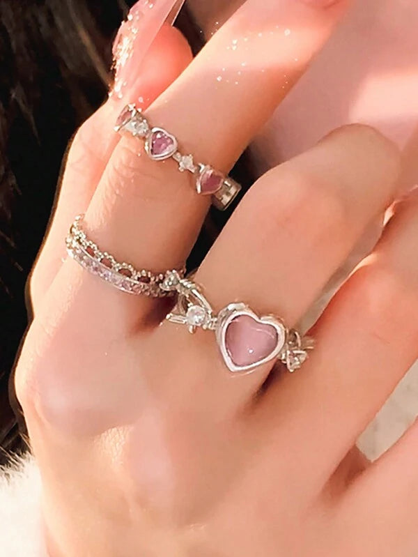 7373 b03-13 Tres Unids/set Conjunto De Anillos Decorados Con Elemento De Corazón De Moda Adecuado Para El Uso Diario De Las Mujeres
