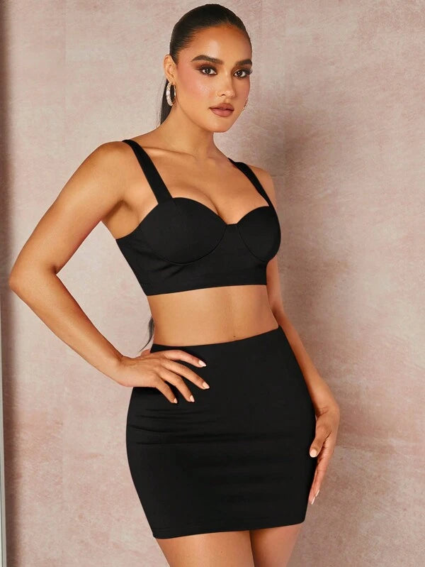 7676 1t-007 Top unicolor crop correa ancha & Falda ajustada fruncido