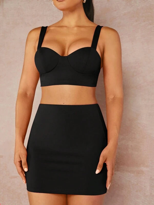 7676 1t-007 Top unicolor crop correa ancha & Falda ajustada fruncido