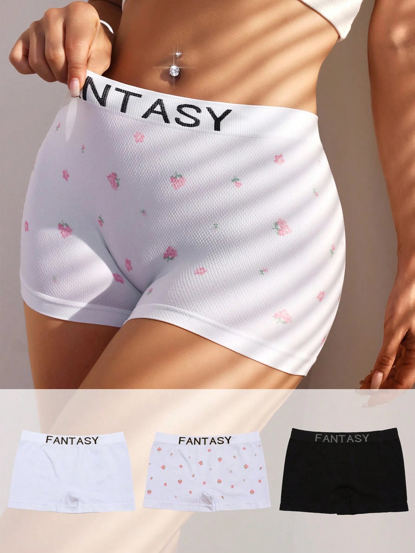 7005 a01-07 Boyshorts con estampado floral de cintura con cinta con letra 3 Piezas