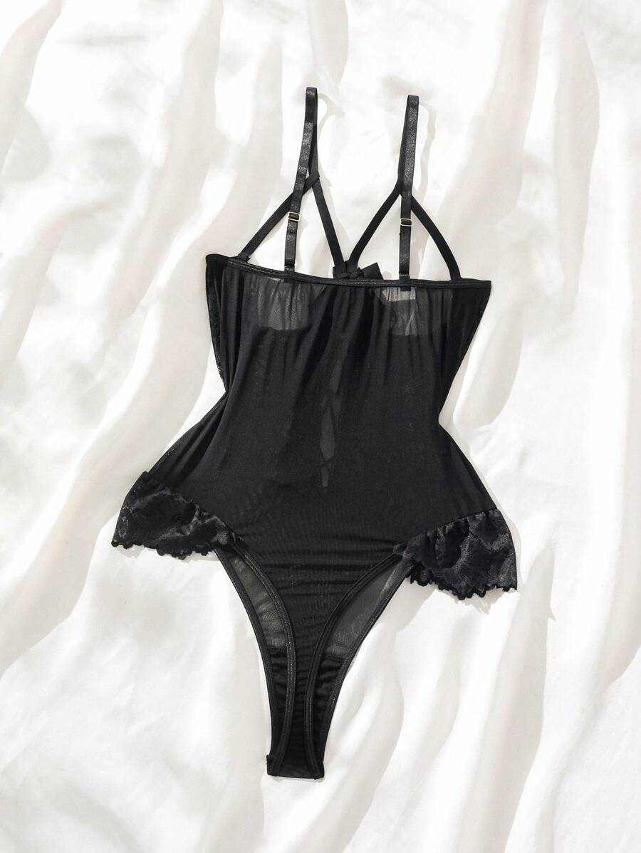 9268 ID-015 Body teddy con encaje en contraste con lazo delantero de malla con aro