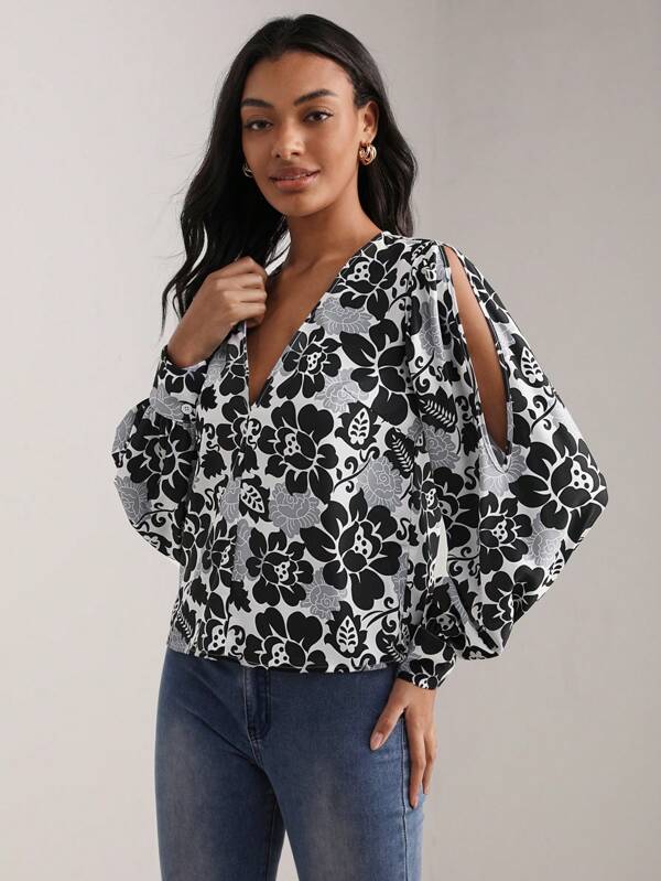 7240 1a-046 Blusa con estampado floral de manga con abertura