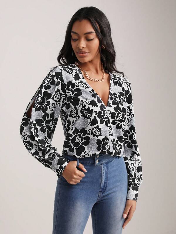 7240 1a-046 Blusa con estampado floral de manga con abertura