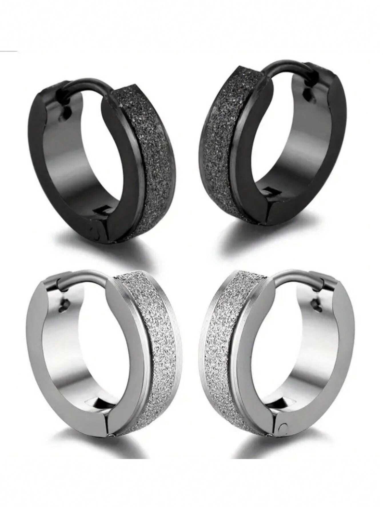 5592 1b-04-10 2  Pendientes De Aro Simples De Acero Inoxidable Con Acabado Mate Y Brillantina Para Hombres En La Calle