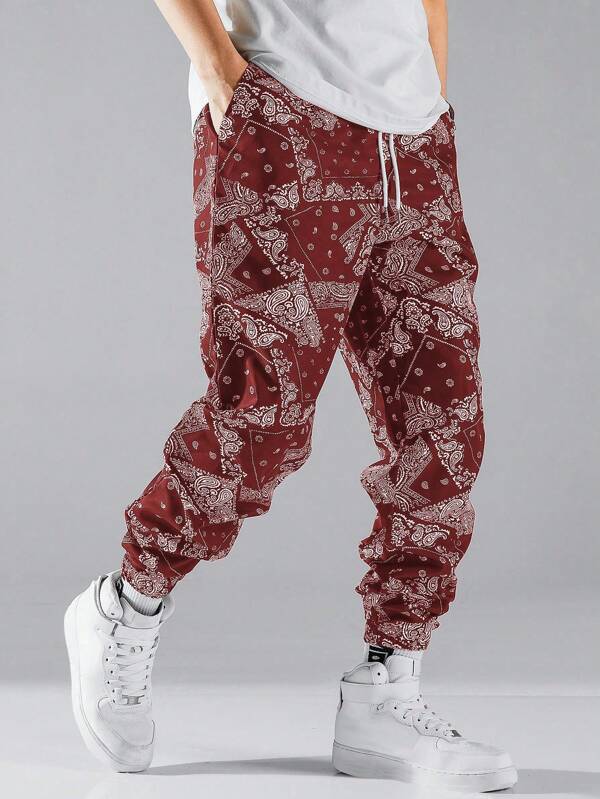7428 1t-209 Pantalones con estampado de paisley de cintura con cordón