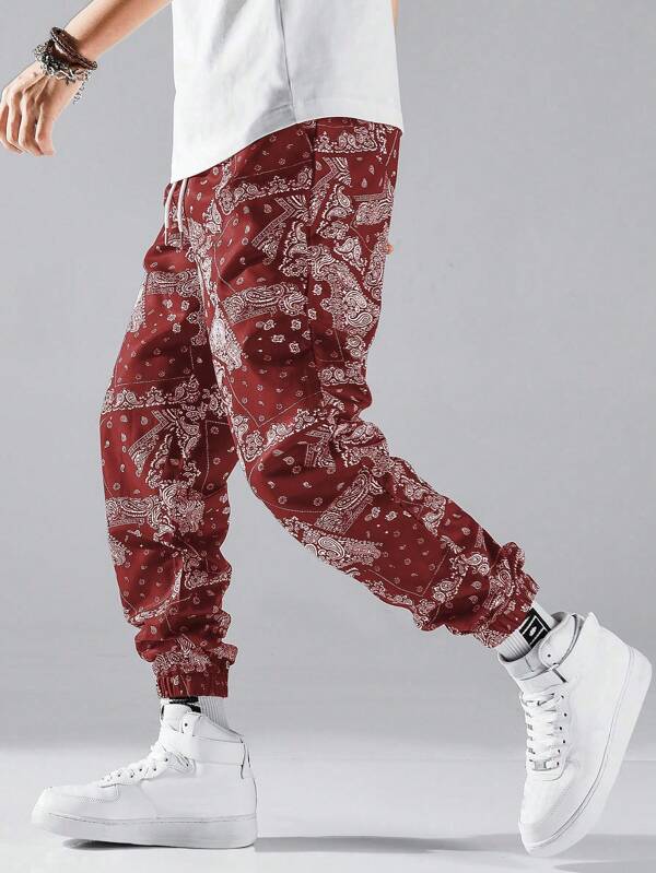 7428 1t-209 Pantalones con estampado de paisley de cintura con cordón