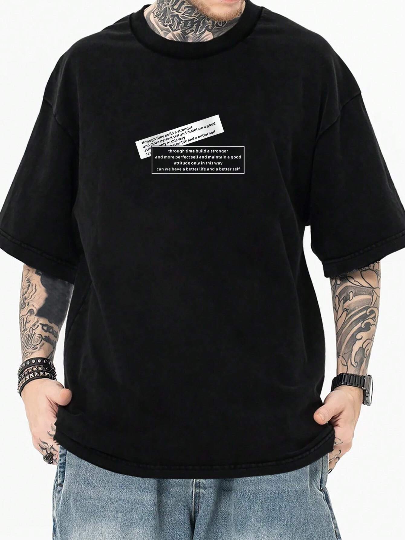 8405 b05-02 Camiseta De Hombre Con Hombros Caídos Y Estampado De Letras