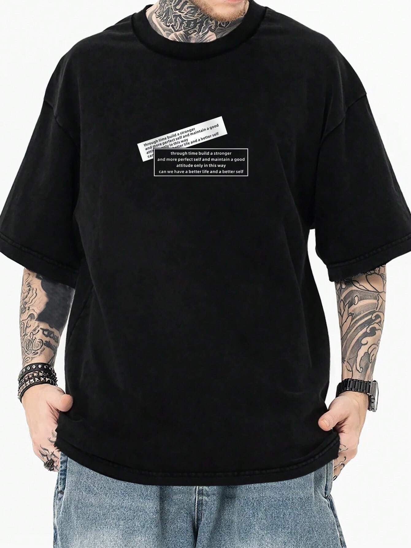 8405 1a-066 Camiseta De Hombre Con Hombros Caídos Y Estampado De Letras